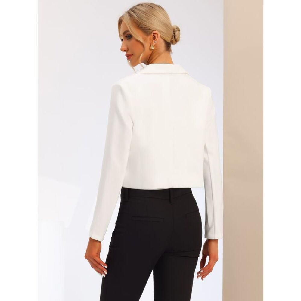 Lapel Collar Open Front Cardigan Cropped Blazer Jacket White - Picture 4 of 5
